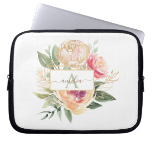 Housse Pour Ordinateur Portable Peony and Gold Flowers Monogramme Nom iPad Pro Cov