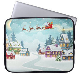 Housse Pour Ordinateur Portable Père Noël et Reindeer sur l'Arrière - plan de Noël
