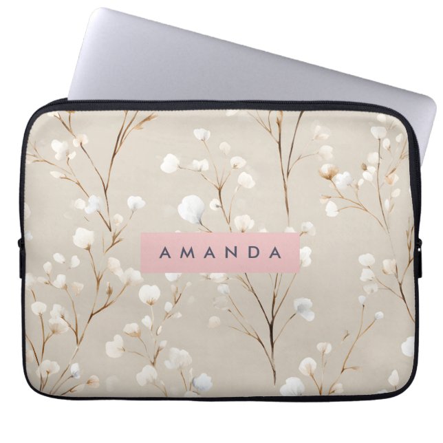 Housse Pour Ordinateur Portable Personalized Elegant Neutral Cotton Blossom (Devant)