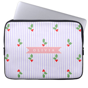 Housse Pour Ordinateur Portable Personnalisé Joli Rayé Vacances Noël Houx
