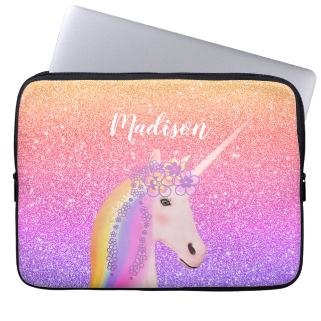 Housse Pour Ordinateur Portable Personnalisée Rainbow Unicorn Parties scintillant  (Devant)