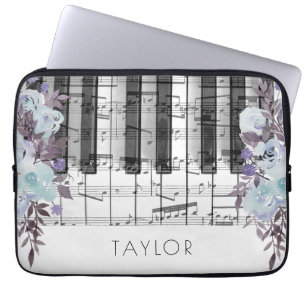 Housse Pour Ordinateur Portable Piano bleu fleurs nom personnalisé