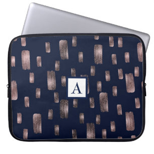Housse Pour Ordinateur Portable Pinceau Moderne Rose Gold & Bleu Nuit Pailleté