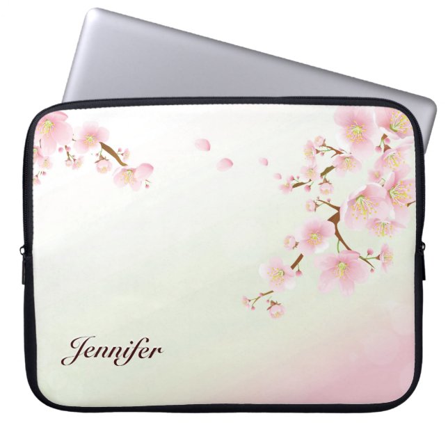 Housse Pour Ordinateur Portable Pink and White Cherry Blossom Nature Monogram (Devant)