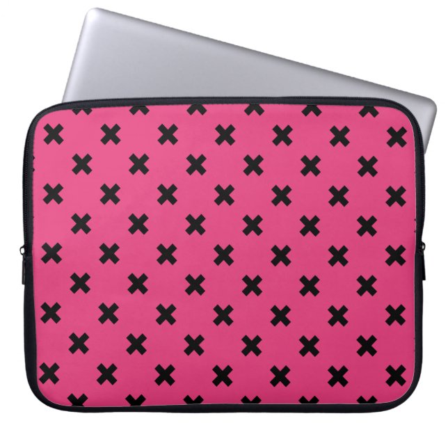 Housse Pour Ordinateur Portable Piqûres de croix noire sur fuchsia (Devant)