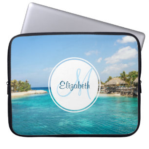 Housse Pour Ordinateur Portable Plage tropicale pittoresque avec Monogramme de hut
