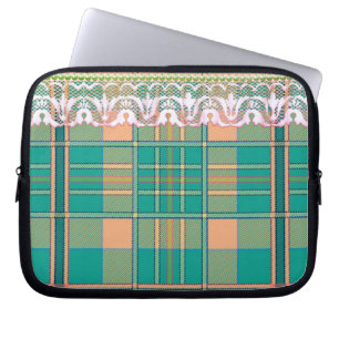 Housse Pour Ordinateur Portable Plaid et dentelle vert pêche blanc dentelle look