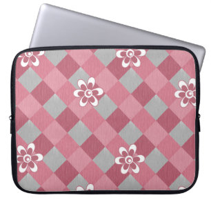 Housse Pour Ordinateur Portable Plaid gris et rose avec fleurs camomilaires