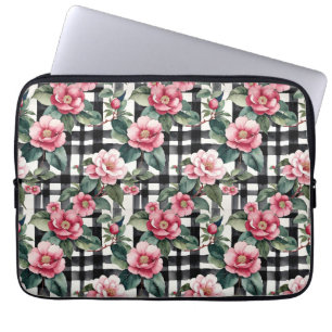 Housse Pour Ordinateur Portable Plaqué noir et blanc avec Camellias rose feuillus