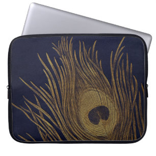 Housse Pour Ordinateur Portable Plumes de paon dorées sur le bleu royal