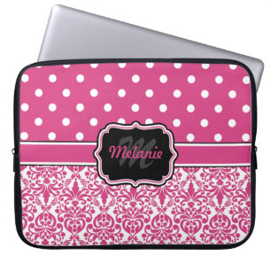 Housse Pour Ordinateur Portable Point de Polka de Damas rose chaud