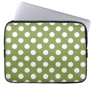Housse Pour Ordinateur Portable Pois blancs sur vert olive