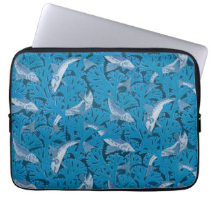 Housse Pour Ordinateur Portable Poisson bleu vintage et algues : Art Nouveau Nauti
