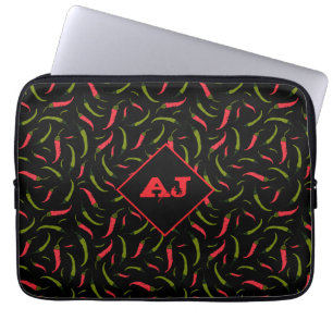Housse Pour Ordinateur Portable Poivrons épicés rouges et verts sur noir