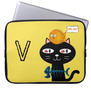 Housse Pour Ordinateur Portable Portable Manche Chat Noir Poissons Os Jaune