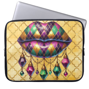 HOUSSE POUR ORDINATEUR PORTABLE POURPULET VERT OR MARDI GRAS DIAMONT LIPS