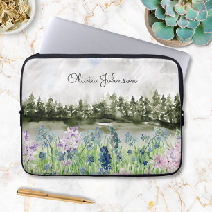 Housse Pour Ordinateur Portable Prairie de fleurs bleues violettes à l'aquarelle s