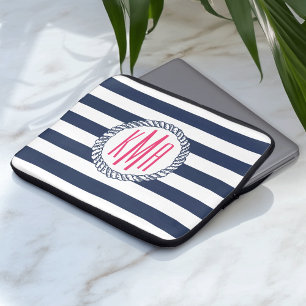 Housse Pour Ordinateur Portable Preppy Nautical Navy & White Stripe Pink Monogramm