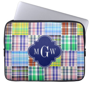 Housse Pour Ordinateur Portable Preppy Patchwork Madras Navy Quatrefoil Monogram