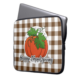 Housse Pour Ordinateur Portable Pumpkin on Brown Plaid - Happy Thanksgiving