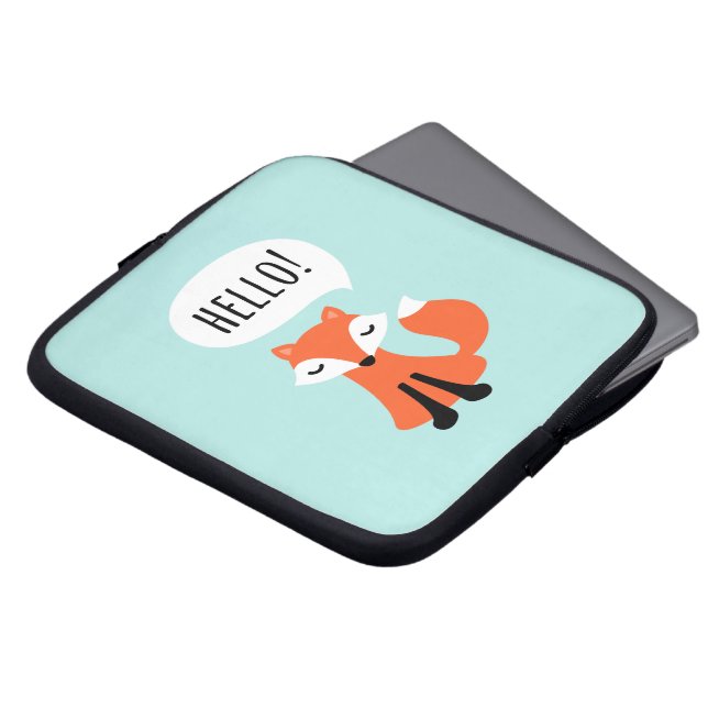 Housse Pour Ordinateur Portable Renard mignon indiquant le bonjour, fond bleu (Devant haut)