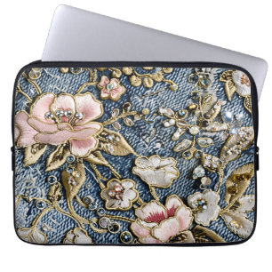 Housse Pour Ordinateur Portable Rêves roses en Jeans brodés
