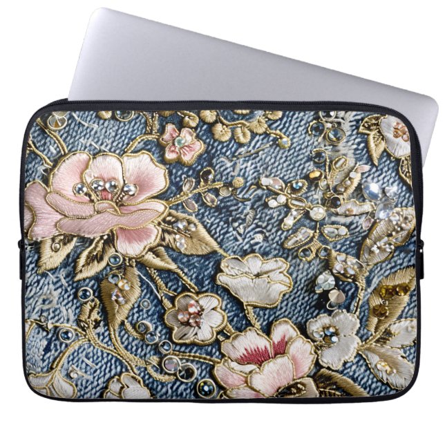 Housse Pour Ordinateur Portable Rêves roses en Jeans brodés (Devant)
