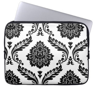 Housse Pour Ordinateur Portable Rococo Damassé Grand Motif Décalé Noir sur Blanc