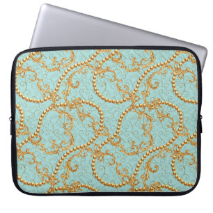 Housse Pour Ordinateur Portable Rococo éléments dorés sans couture motif. Texte or