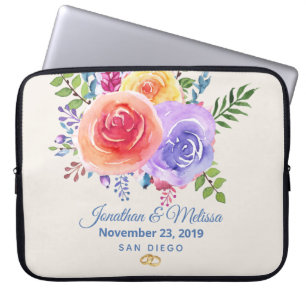 Housse Pour Ordinateur Portable Rose coloré aquarelle Mariage floral