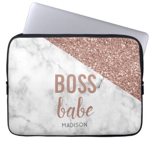 Housse Pour Ordinateur Portable Rose Gold Glitter Monogramme   Marbre Boss Babe