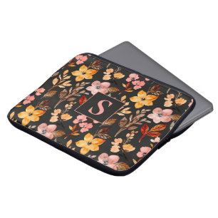 Housse Pour Ordinateur Portable Rose Jaune Orange Floral Noir Monogrammé