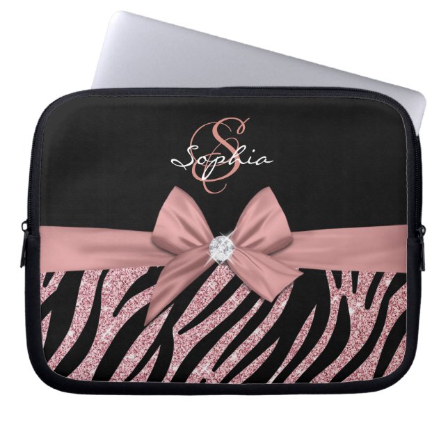 Housse Pour Ordinateur Portable Rose Parties scintillant or noir Zebra Stripes Bow (Devant)