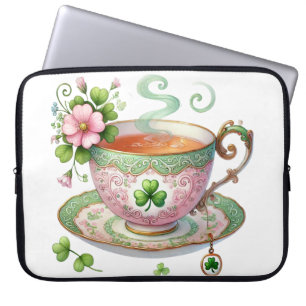 HOUSSE POUR ORDINATEUR PORTABLE ROSE PASTEL & COUPE IRLANDE VERTE DE THÉ & SHAMROC