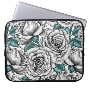 Housse Pour Ordinateur Portable Roses blanches avec feuilles bleus