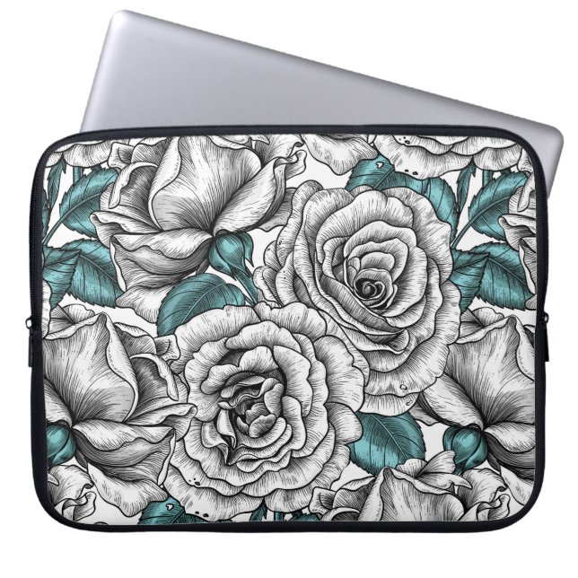 Housse Pour Ordinateur Portable Roses blanches avec feuilles bleus (Devant)