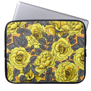 Housse Pour Ordinateur Portable Roses jaunes avec feuilles gris sur orange