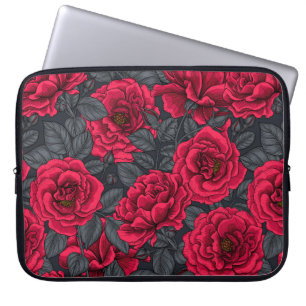 Housse Pour Ordinateur Portable Roses rouges avec feuilles gris sur noir