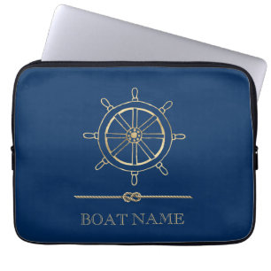 Housse Pour Ordinateur Portable Roue de bateau en or nautique, bleu marine