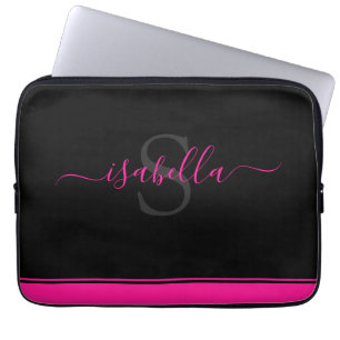 Housse Pour Ordinateur Portable Script noir rose chaud monogramme