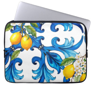 Housse Pour Ordinateur Portable sicilien, été, citron, mosaïque, bleu