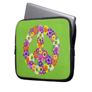 Housse Pour Ordinateur Portable Signe de paix floral sur fond vert citron