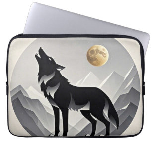 Housse Pour Ordinateur Portable Silhouette de loup lisse noir gris minimaliste