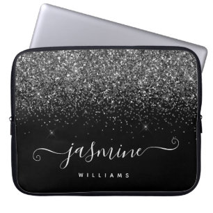 Housse Pour Ordinateur Portable Silver glitter name monogram on black background