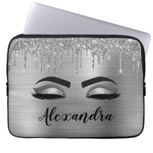 Housse Pour Ordinateur Portable Silver Glitter Sparkle Eyelashes Monogram
