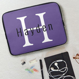 Housse Pour Ordinateur Portable Simple Moderne Initiale + Nom Monogramme Violet
