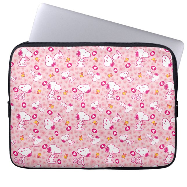 Housse Pour Ordinateur Portable Snoopy & Woodstock Motif Coeurs roses (Devant)