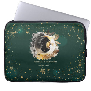 Housse Pour Ordinateur Portable Soleil et fleurs de lune célestes étoiles vertes