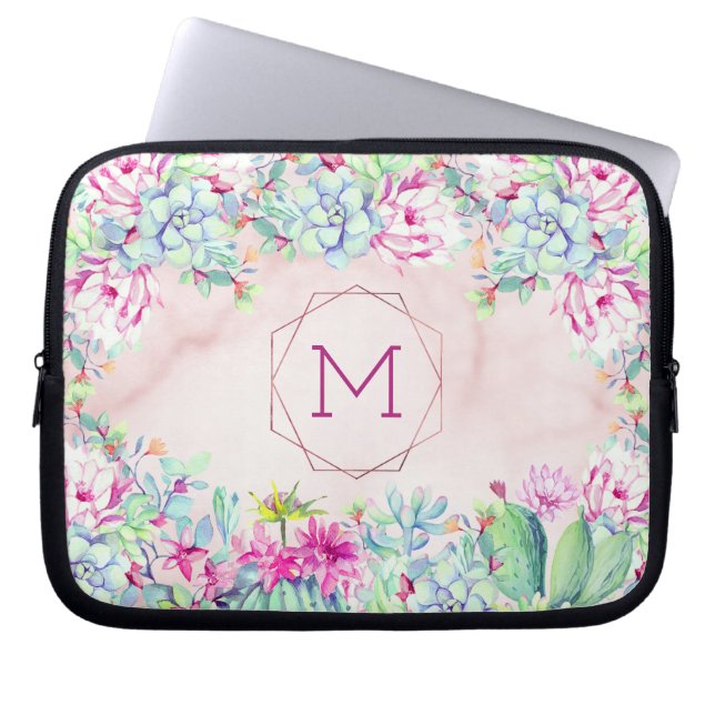Housse Pour Ordinateur Portable Succulents Cactus Monogramme de marbre gris géomét (Devant)