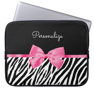 Housse Pour Ordinateur Portable Tendance Zebra Print Chic Hot Rose Bow et nom